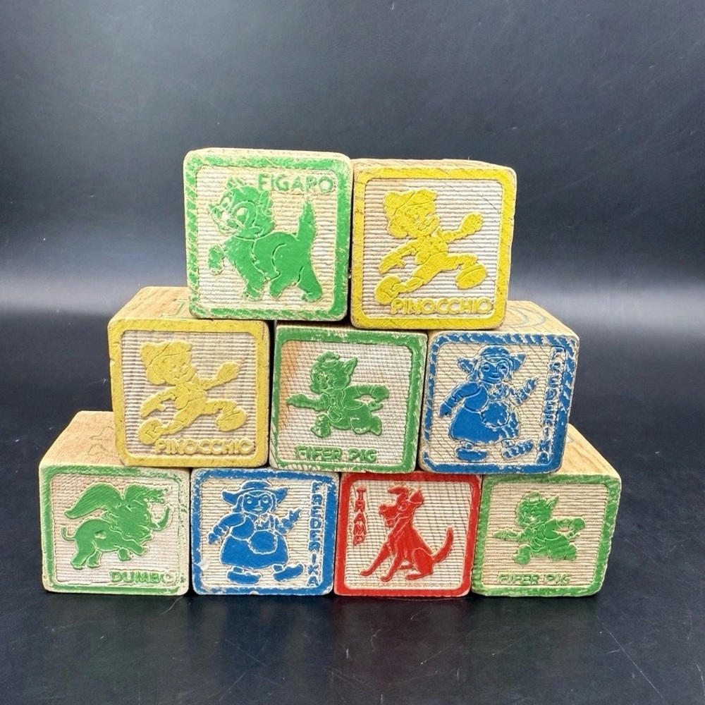 Vintage Disney Characters Wooden Toy Building Blocks 1950's Lot Of 9
